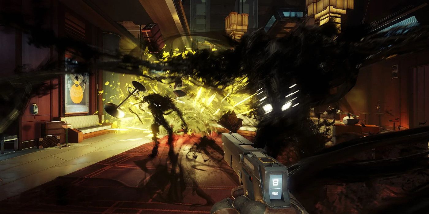 Shadow monsters get swept into a portal in Prey
