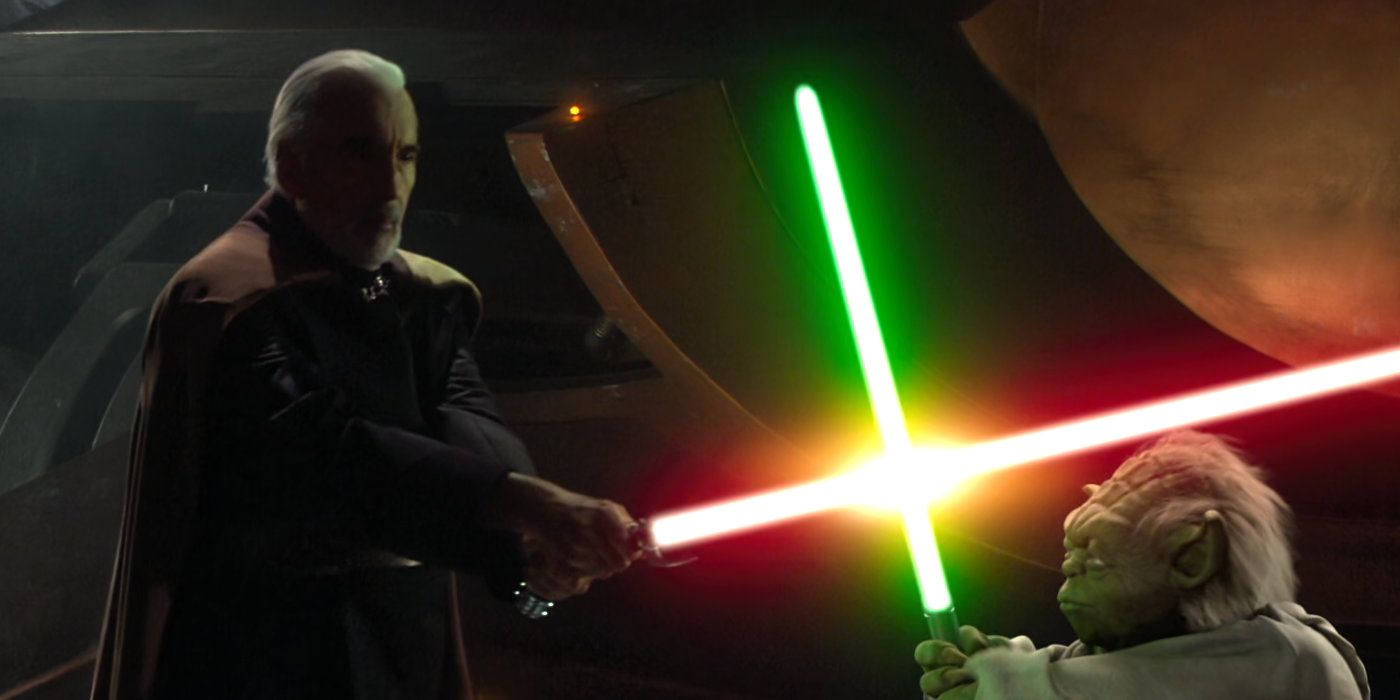 Count Dooku duels his former master Yoda on Geonosis