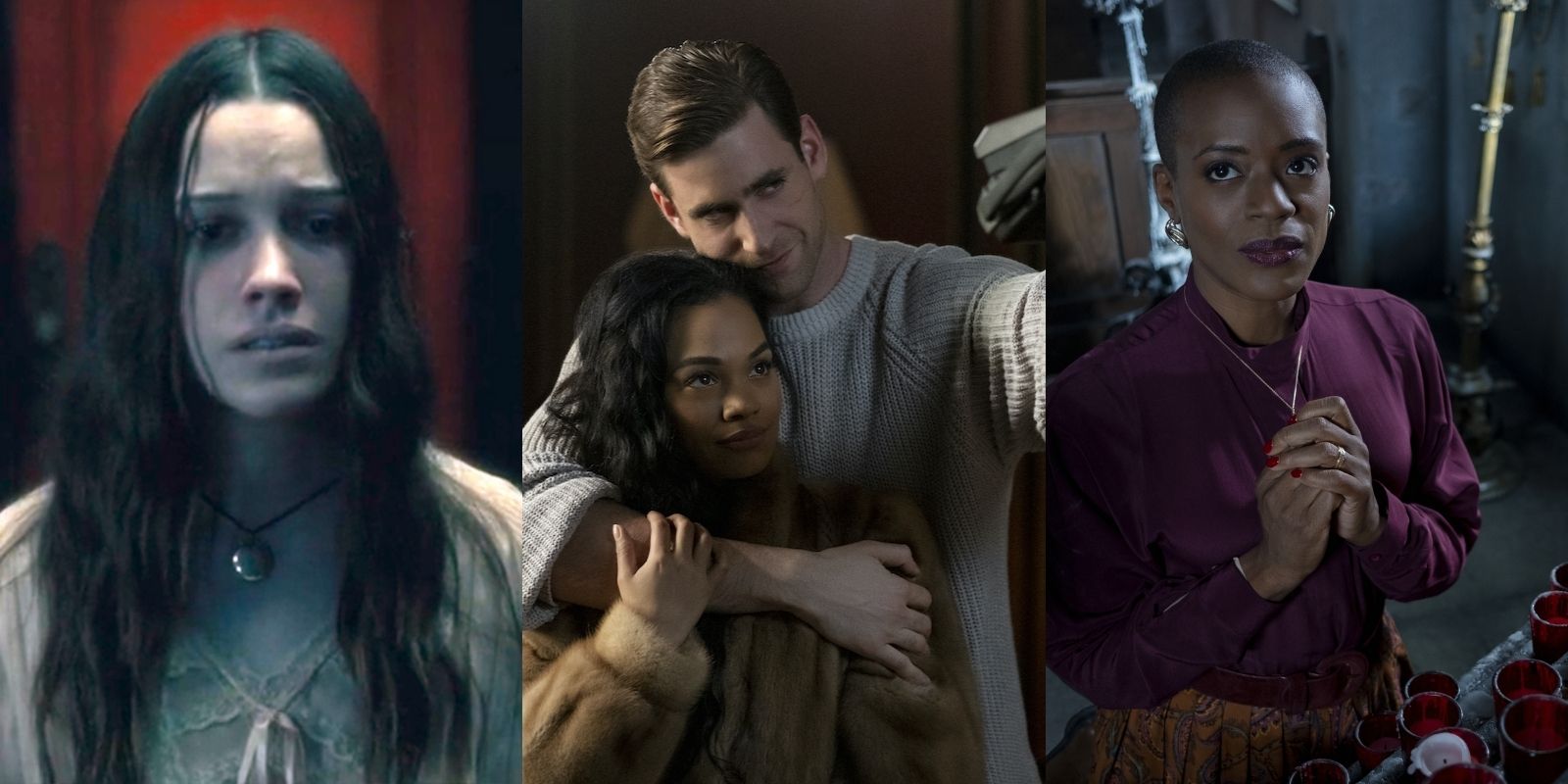 Best performances in The Haunting of Hill House and The Haunting of Bly Manor including Victoria Pedretti (L), Oliver Jackson Cohen and Tahirah Sharif (M), and TNia Miller (R)