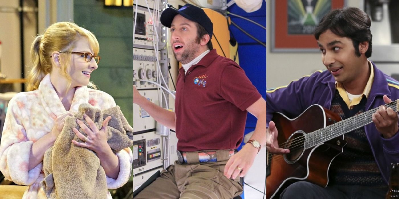 Triple split image: Bernadette holding a bunny, Howard in space, and Raj playing a guitar in The Big Bang Theory