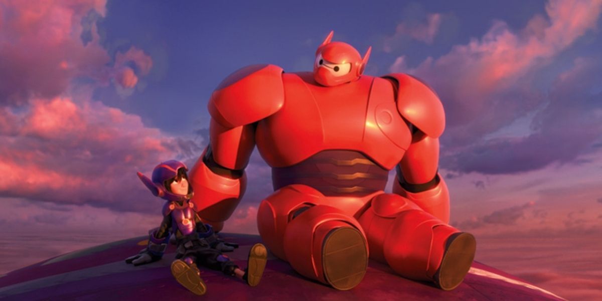 Baymax and Hiro in their armor watching the sunset 