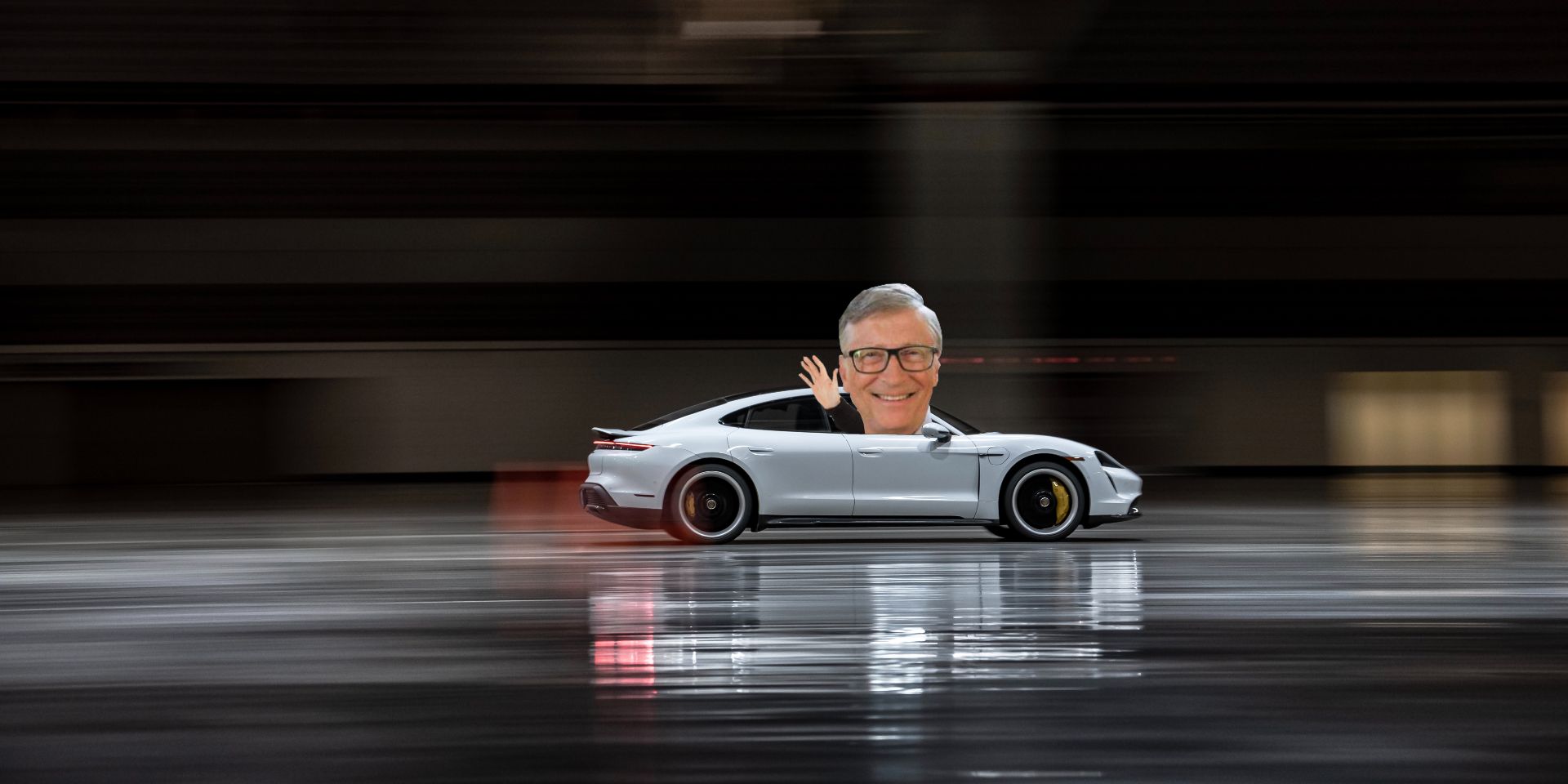 Bill Gates head popping out of a Porsche Taycan