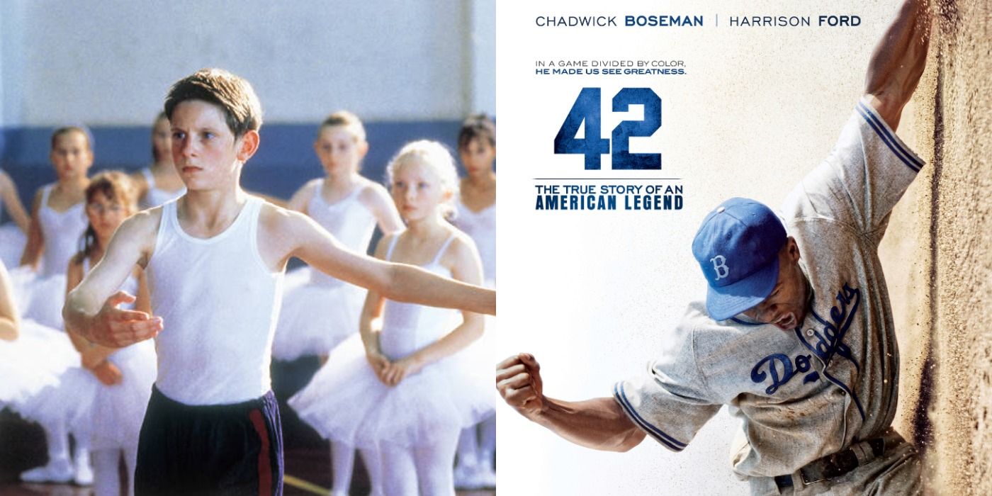 Split image with scene from Billy Elliott and movie poster image from 42 with Chadwick Boseman