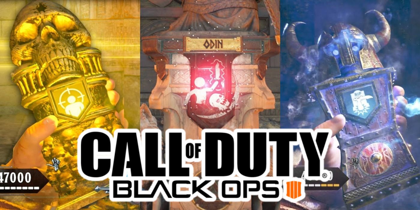 A split image of Call of Duty Black Ops 4 Zombie perks being used with the game logo on top
