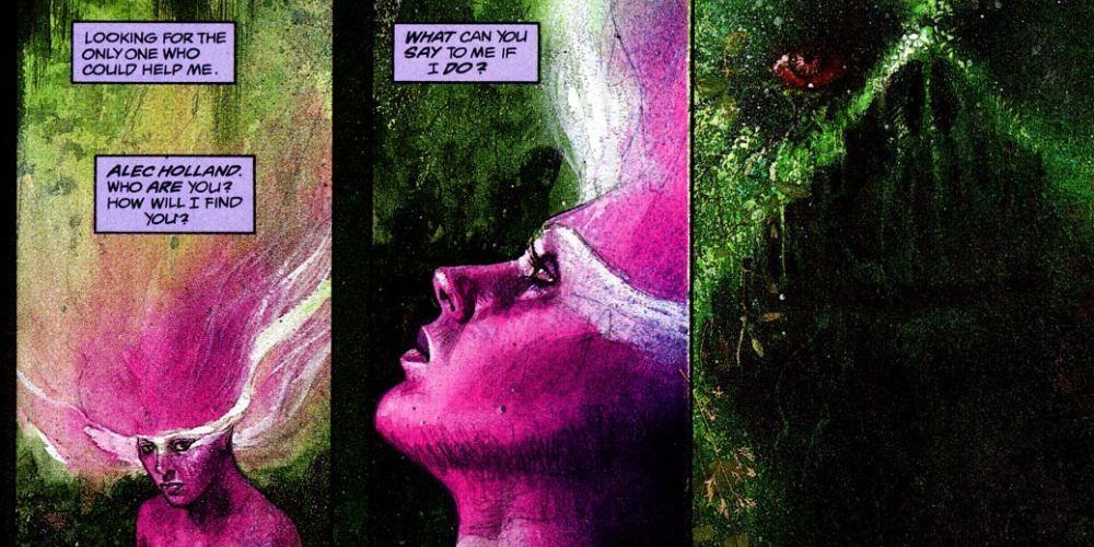 Black Orchid talking to Swamp Thing in three panels