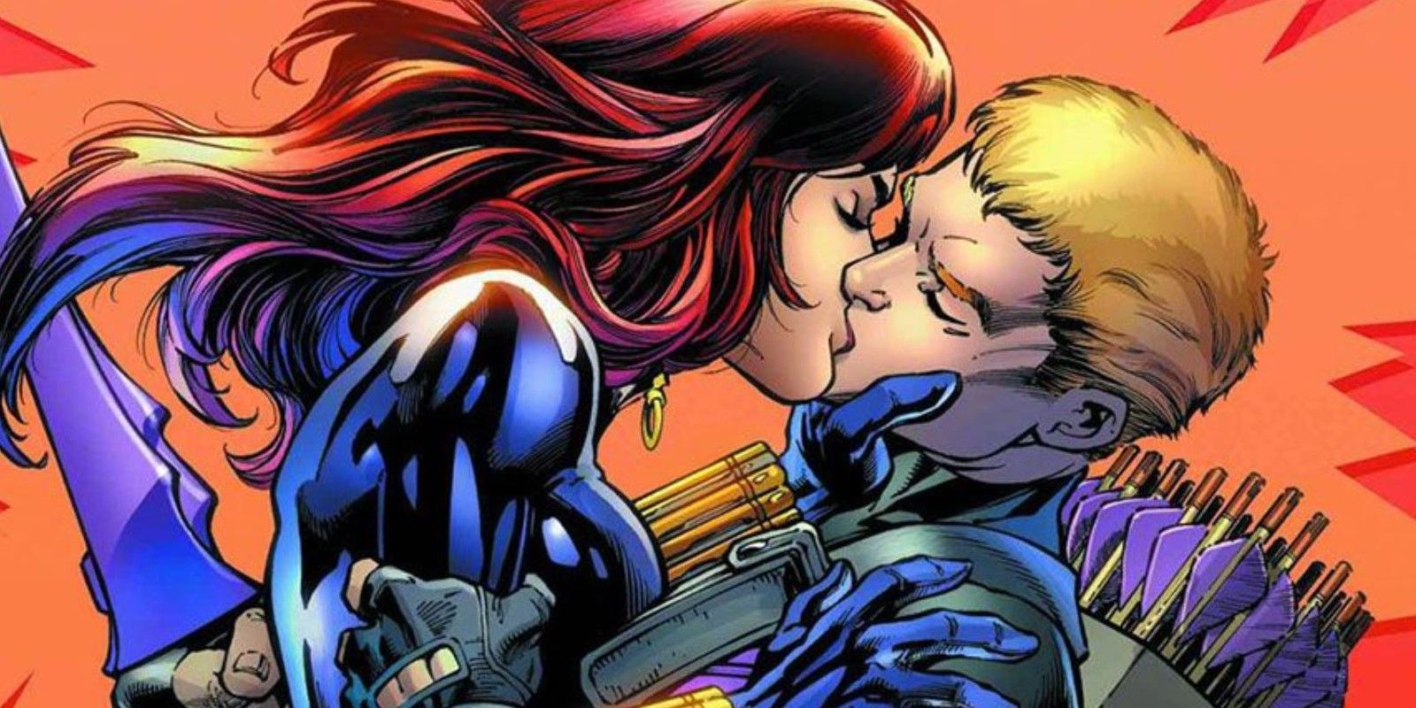 Black Widow Kisses Hawkeye in Marvel comics