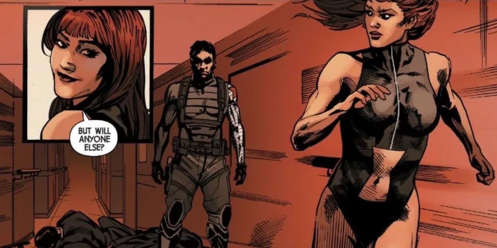 Black Widow runs from The Winter Soldier in Marvel Comics