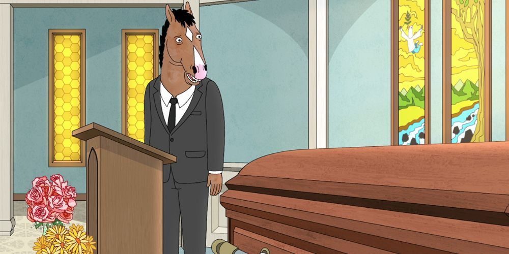 BoJack Horseman giving a eulogy while looking at his mother's coffin