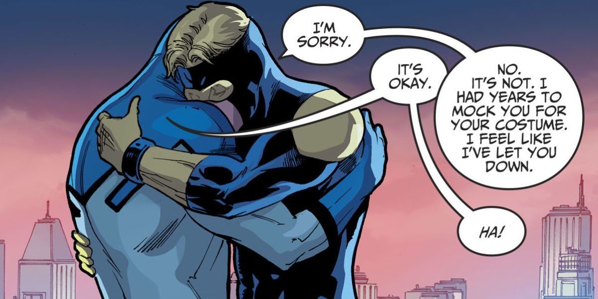Booster Gold and Blue Beetle hugging and being adorable
