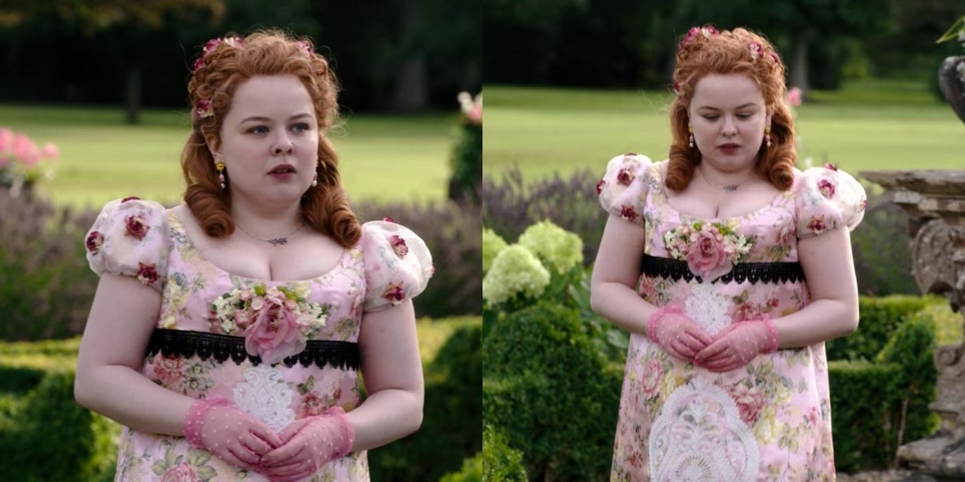 Bridgerton's Penelope Featherington in a rose-themed floral dress in Season 1