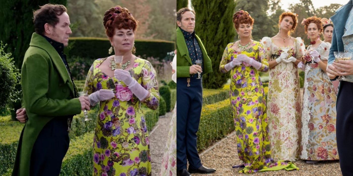 Portia Featherington's lime-green floral gown in Season 1