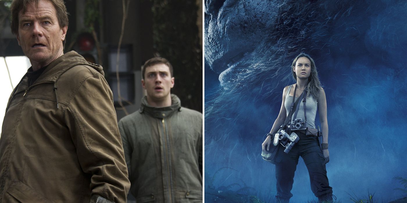 Bryan Cranston and Aaron Taylor-Johnson in Godzilla 2014, Brie Larson in Kong Skull Island