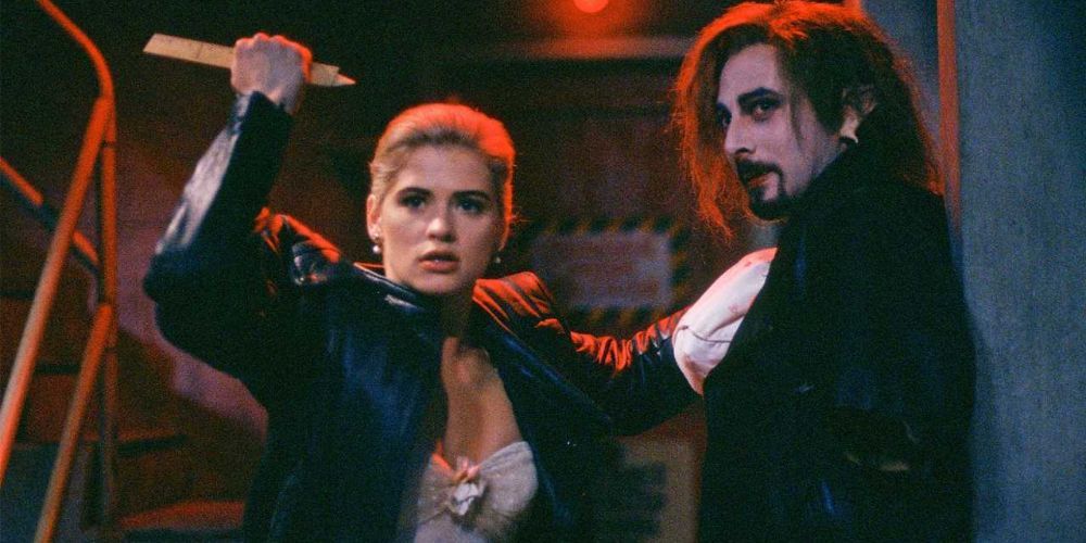 Kristy Swanson holding a stake in Buffy The Vampire Slayer
