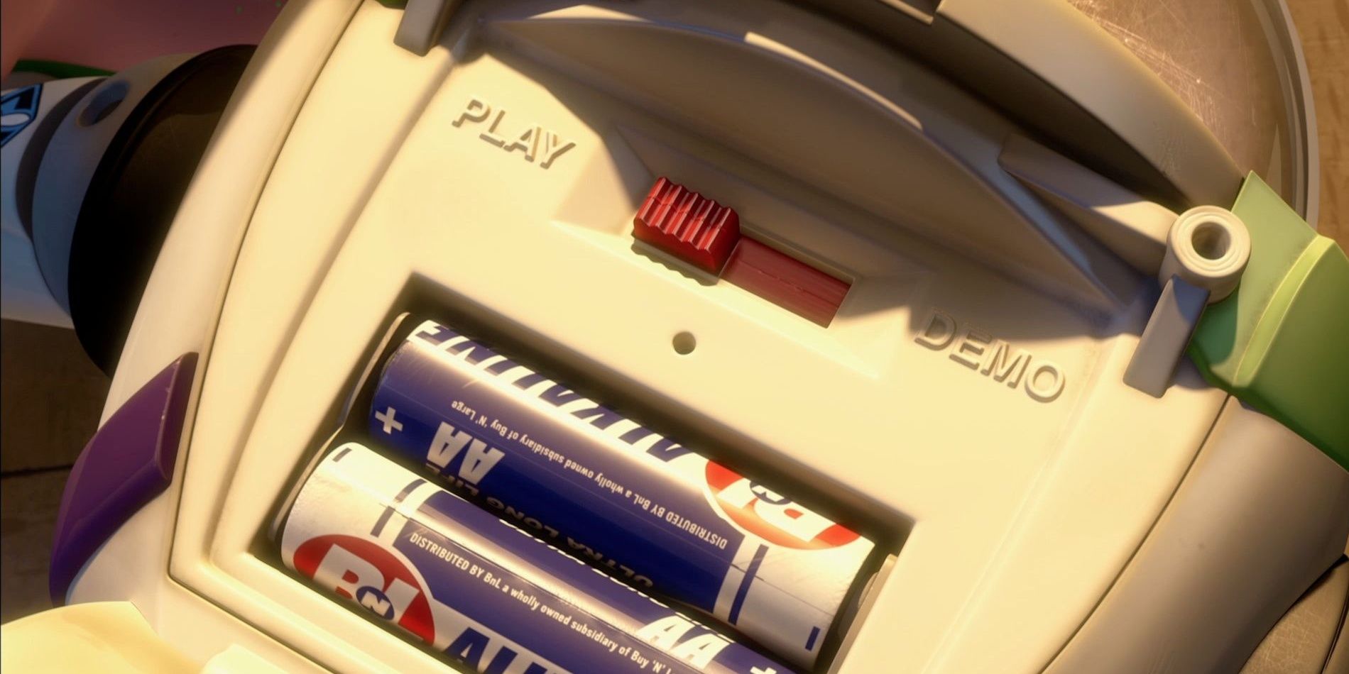 Buzz Lightyear's batteries are shown in Toy Story 3, revealing the Buy N Large logo from WALL-E