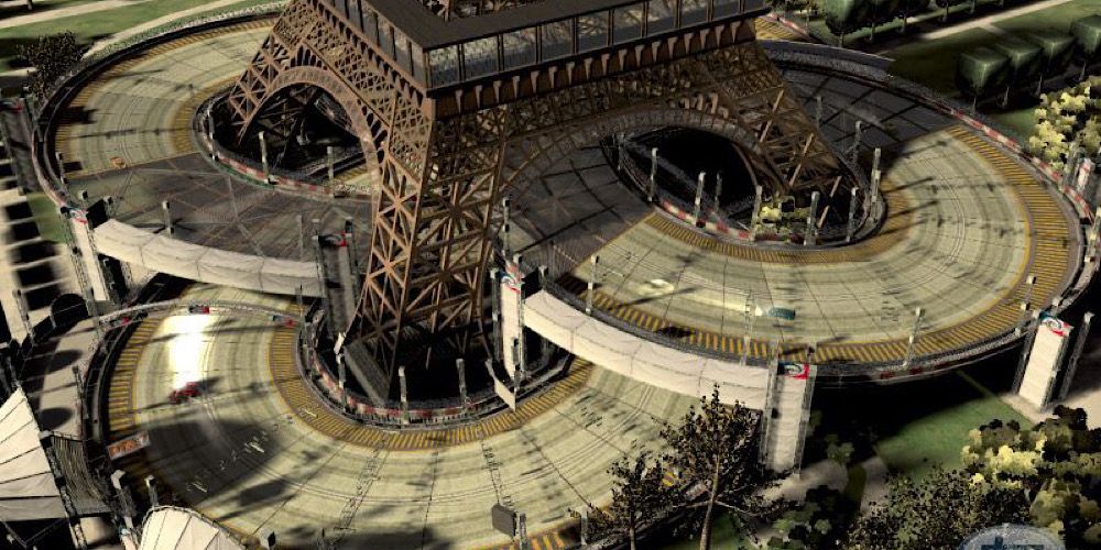 A race track wraps around the Eiffel Tower in Juiced 2