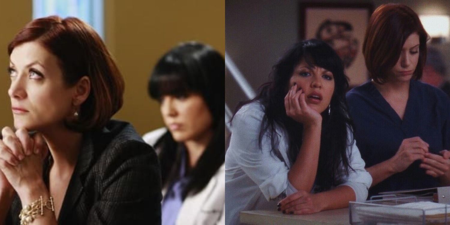 A split image of Callie and Addison. One where they are sitting together in church while the other sees them standing in the hospital lobby