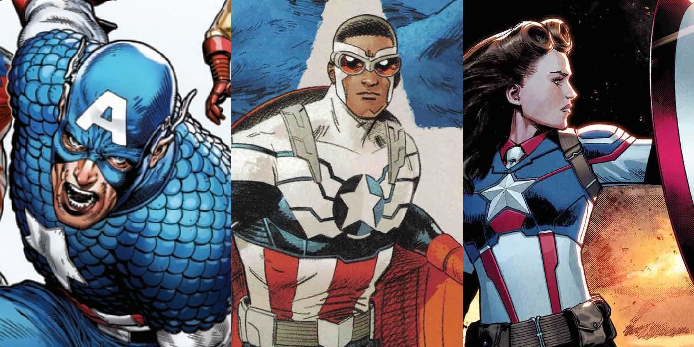 Steve Rogers/Sam Wilson/Peggy Carter, all as different comic versions of Captain America