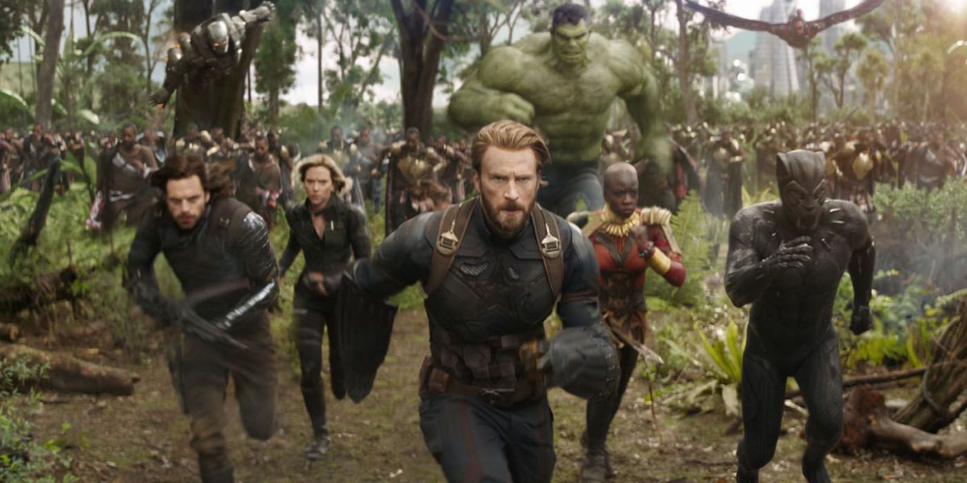 Captain America leading the charge against Thanos with Black Panther, Winter Soldier, Hulk, and others running behind him in Avengers: Infinity War