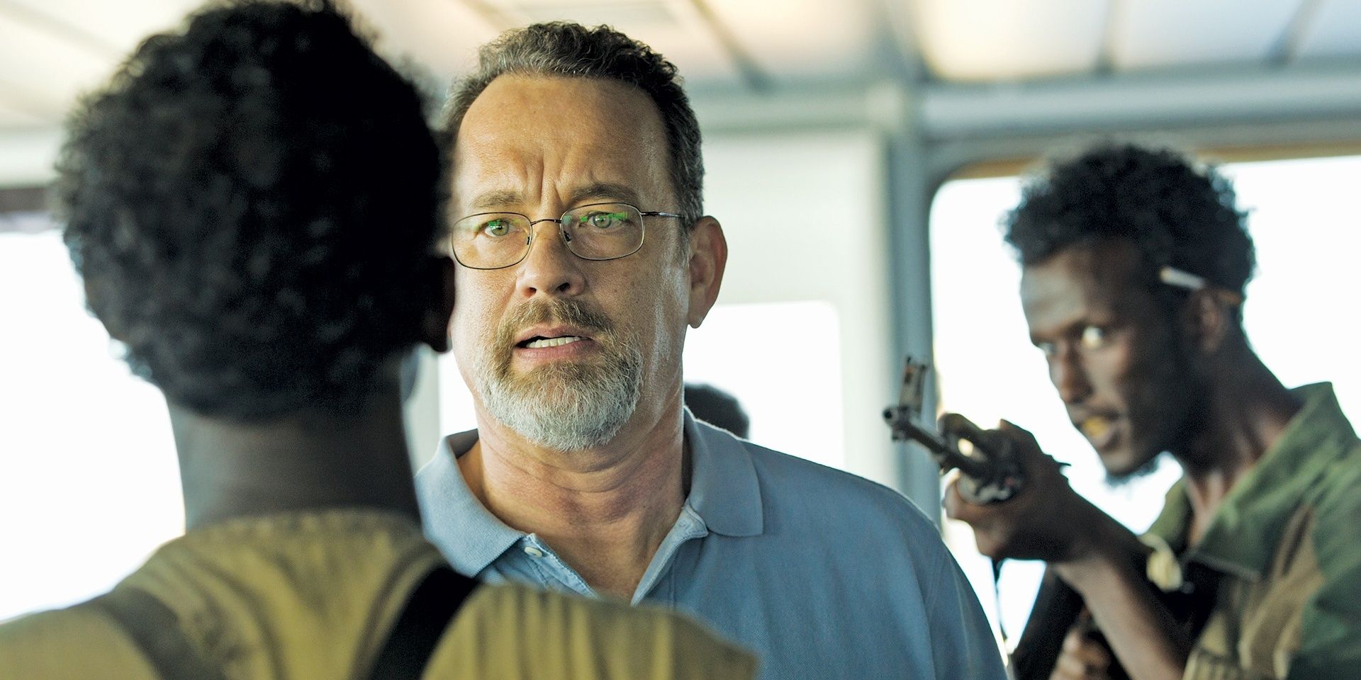 Richard Phillips confronting pirates in Captain Phillips.