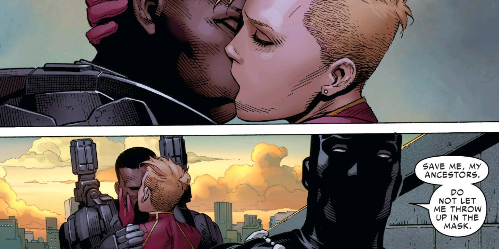 Captain Marvel Carol Danvers and War Machine kissing in Marvel Comics