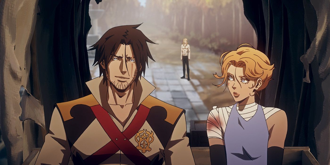 Trevor and Sypha say goodbye to Alucard in Castlevania