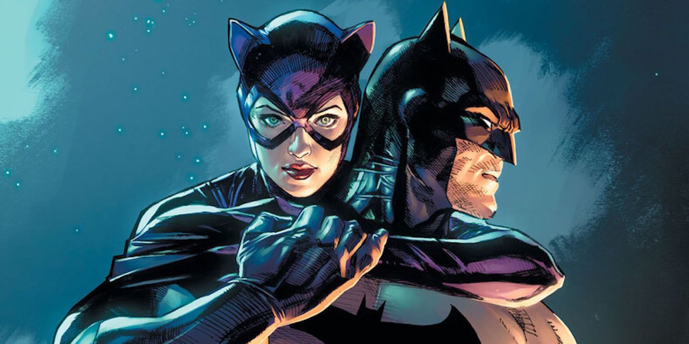 Mulher-Gato com o braço em volta do Batman.