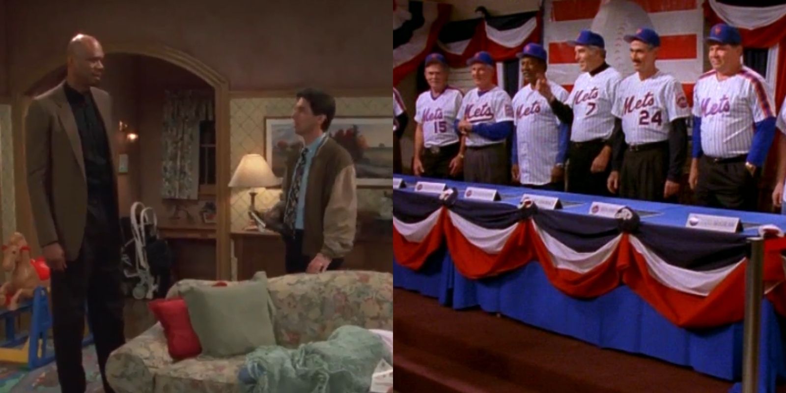 Celebrity cameos on Everybody Loves Raymond including Kareem Abdul Jabbar (L) and New York Mets former players (R)