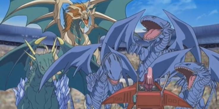 Yugioh Chaos Emperor Dragon and Blue-Eyes White Dragon in the Yu-Gi-Oh! anime on Kaiba's field