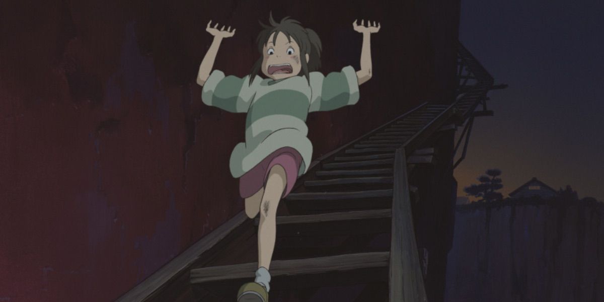 Chihiro falls down the stairs in Spirited Away