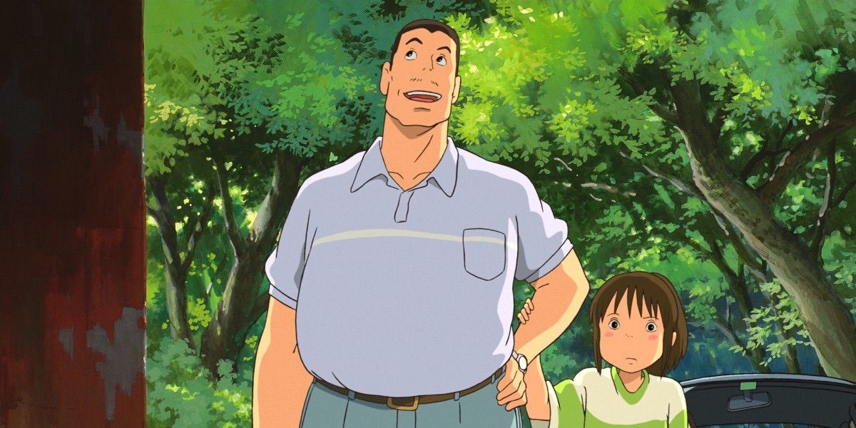 Chihiro's Dad in Spirited Away holding her hand outside.