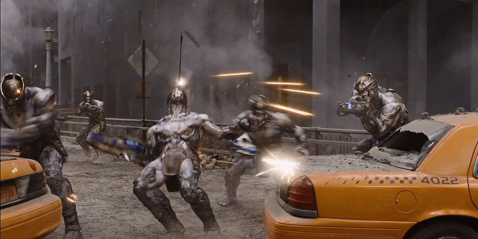 Chitauri Soldiers By Taxis Being Hit With Burst Shot Arrows From The Avengers