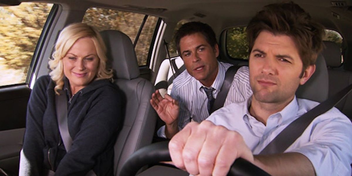 Ben drives the car with Leslie and Chris in Parks &amp; Recreation.