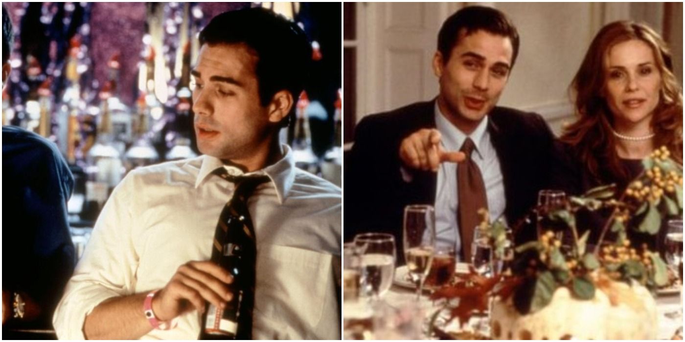 Christian Maelen's character in dress shirt and tie, drinking beer at a bar/Christian Maelen character dressed up with woman at fancy dinner