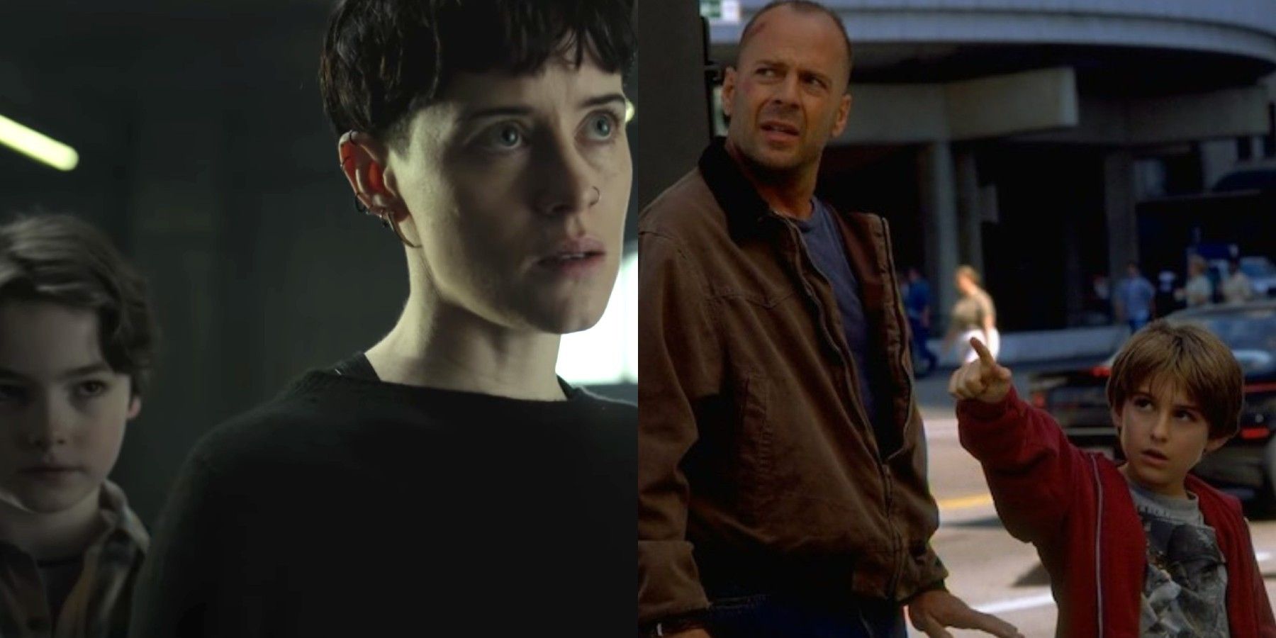 Christopher Convery and Claire Foy in The Girl In The Spider's Web; Bruce Willis and Miko Hughes in Mercury Rising