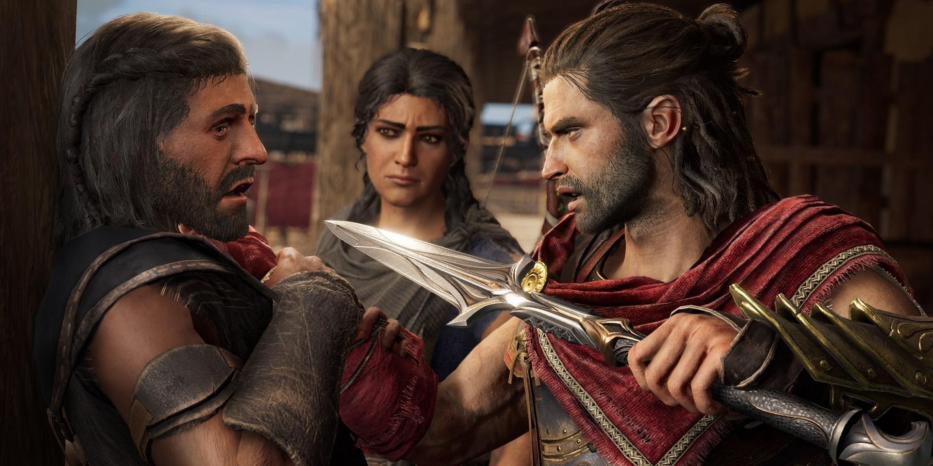 Assassin's Creed Odyssey protagonist Alexios threatening another man with a blade as a woman looks on.