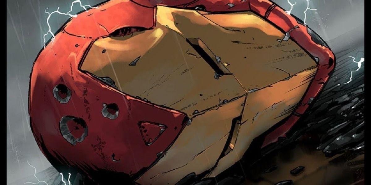 Iron Man's damaged helmet on the cover of Civil War II Issue 8.