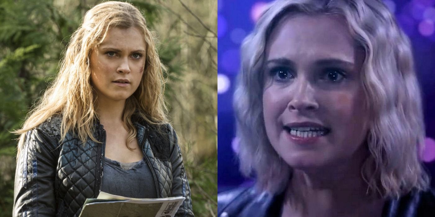 Clarke Griffin in the woods in The 100 Season 1 VS in the purple energy for humanity's last test in season 7