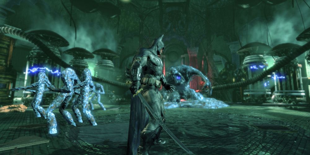 Batman holding a sword fighting Clayface in Arkham City 