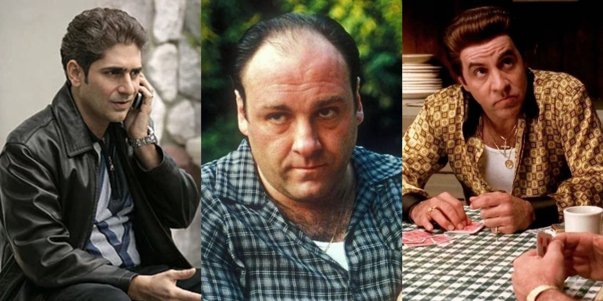 Collage of Christopher on the phone, Tony string past the camera and Silvio playing cards in The Sopranos