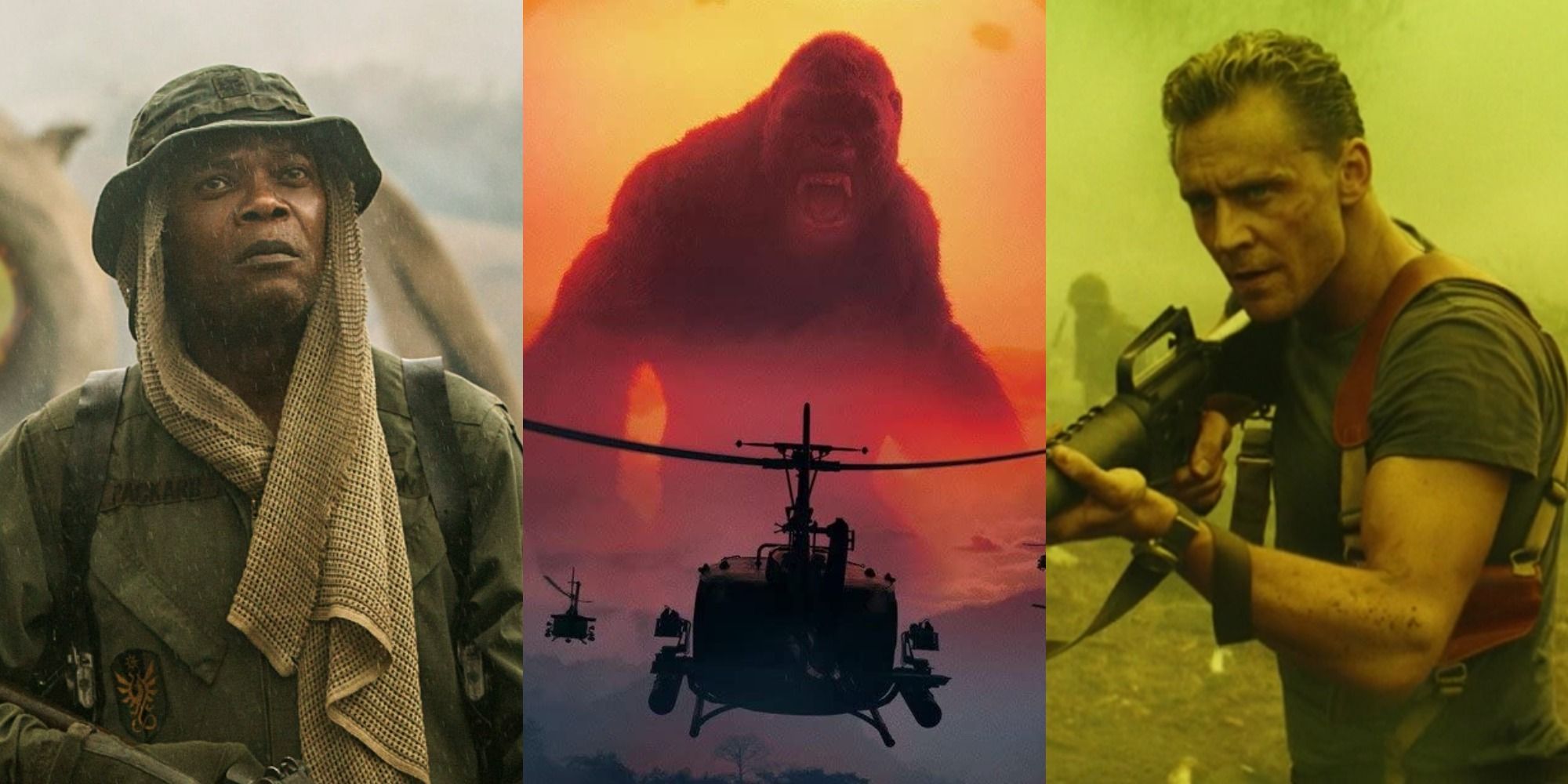 Collage of Samuel L Jackson and Tom Hiddleston in Kong Skull Island on either side of Kong in the poster