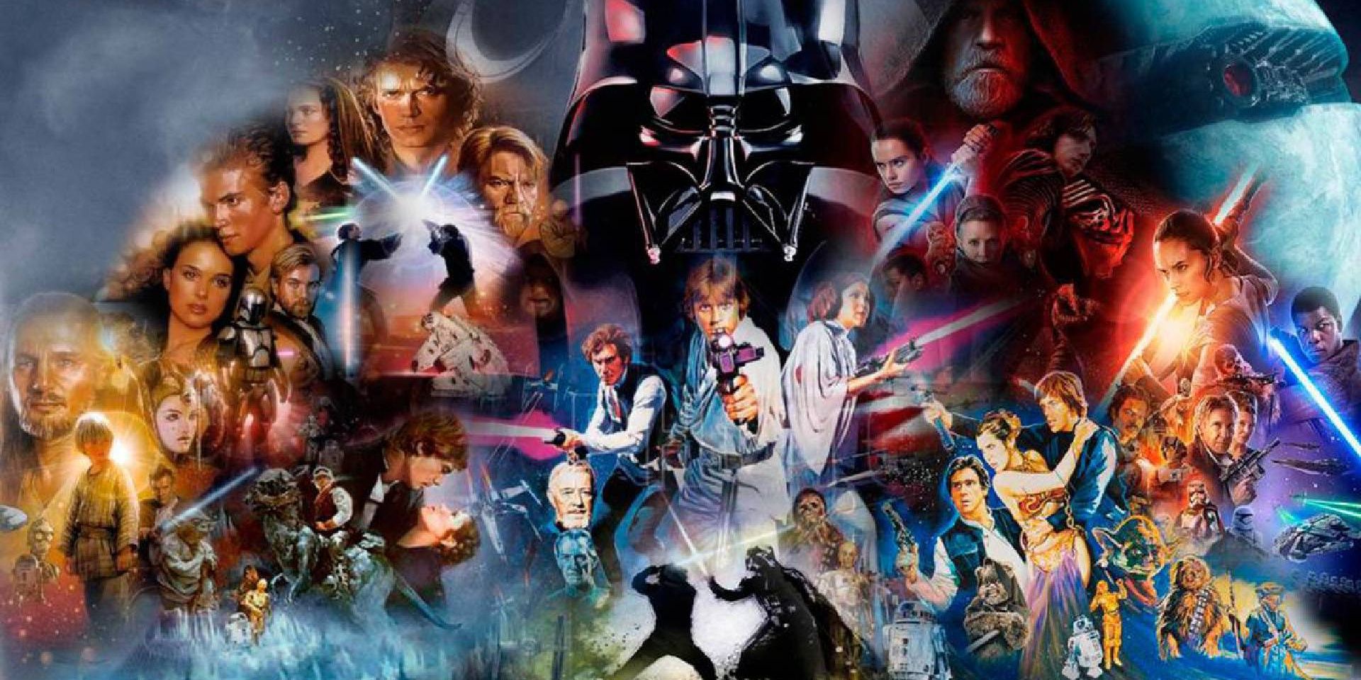 Collage of all Star Wars characters Luke Skywalker, Darth Vader, Rey, Han Solo, Obi-Wan, Leia