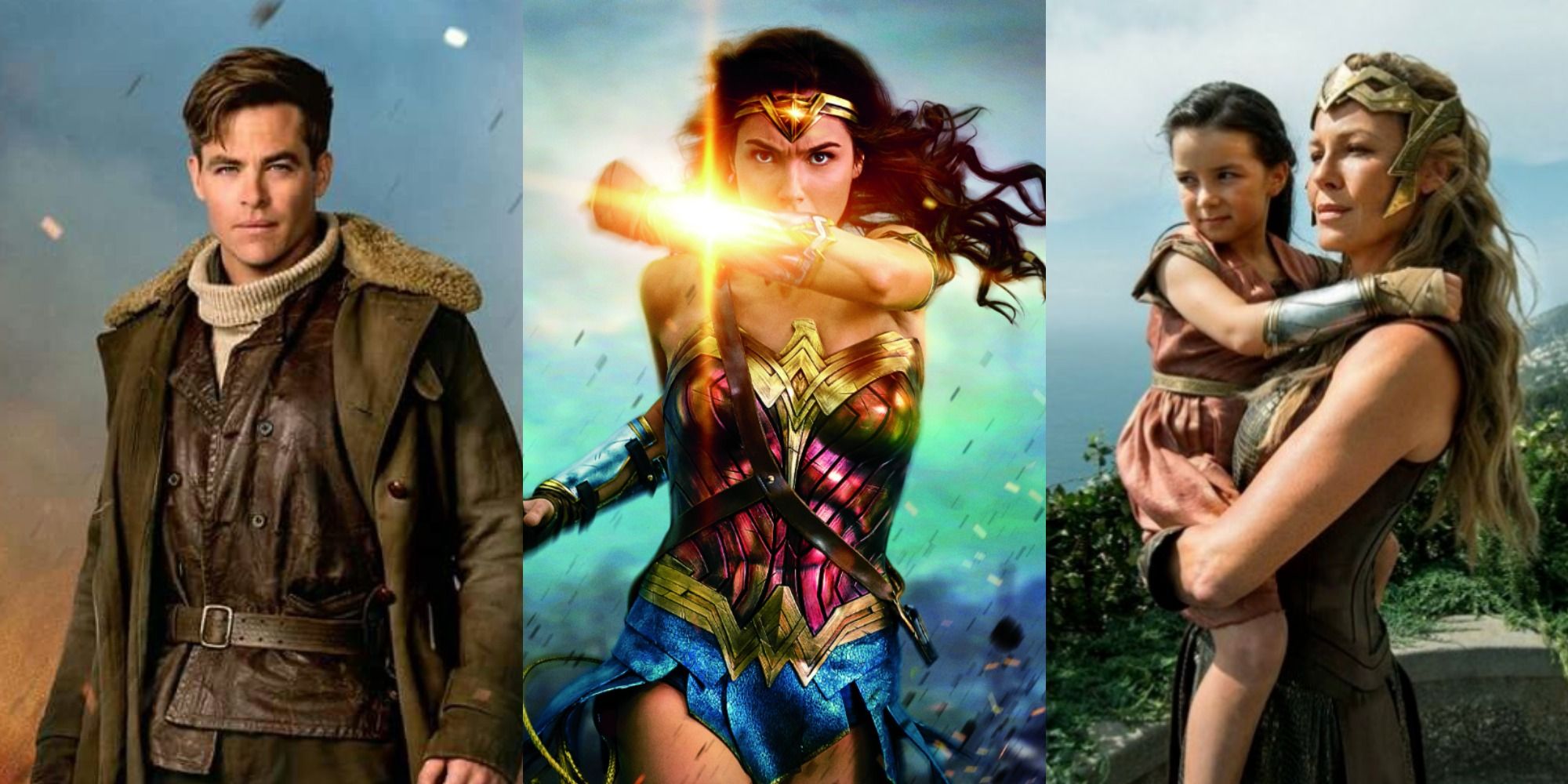 Collage of promo images from Wonder Woman 2017 of Steve, Diana, Hippolyta and young Diana