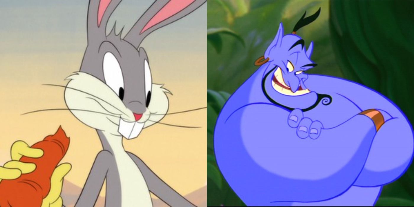 Split image with Bugs Bunny on the left and Genie from Aladdin (animated) on right