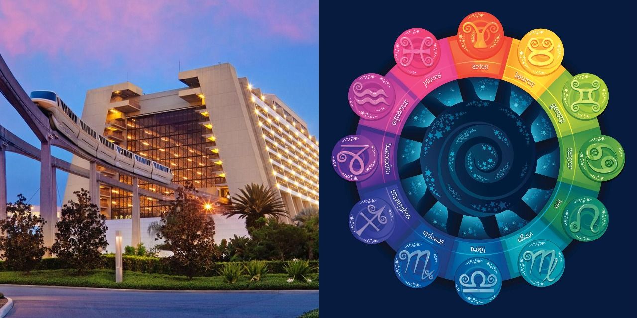 Monorail in a Disney hotel and a Zodiac wheel