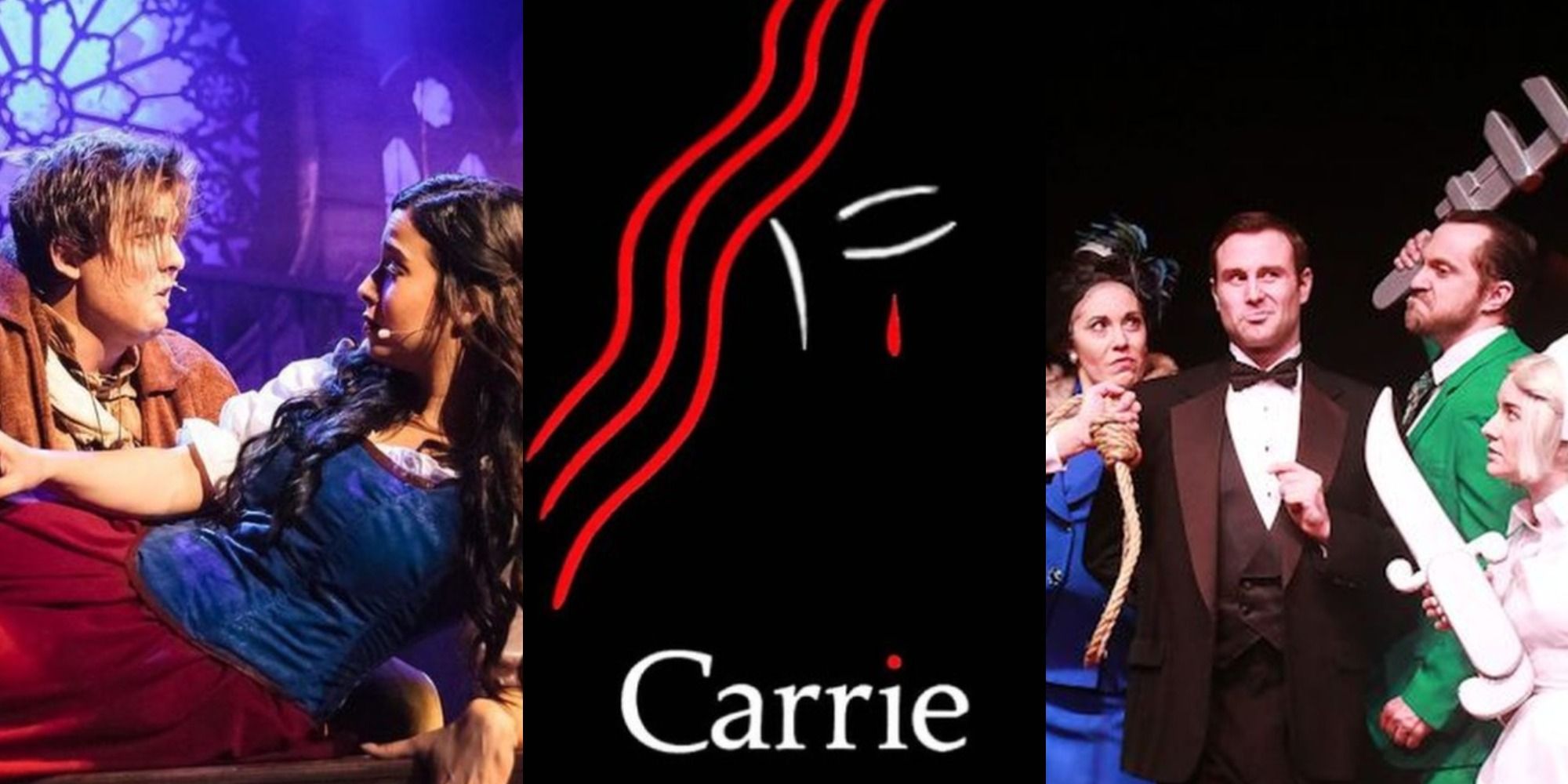 Collage of images from The Hunchback of Notre Dame, Carrie and Clue musicals