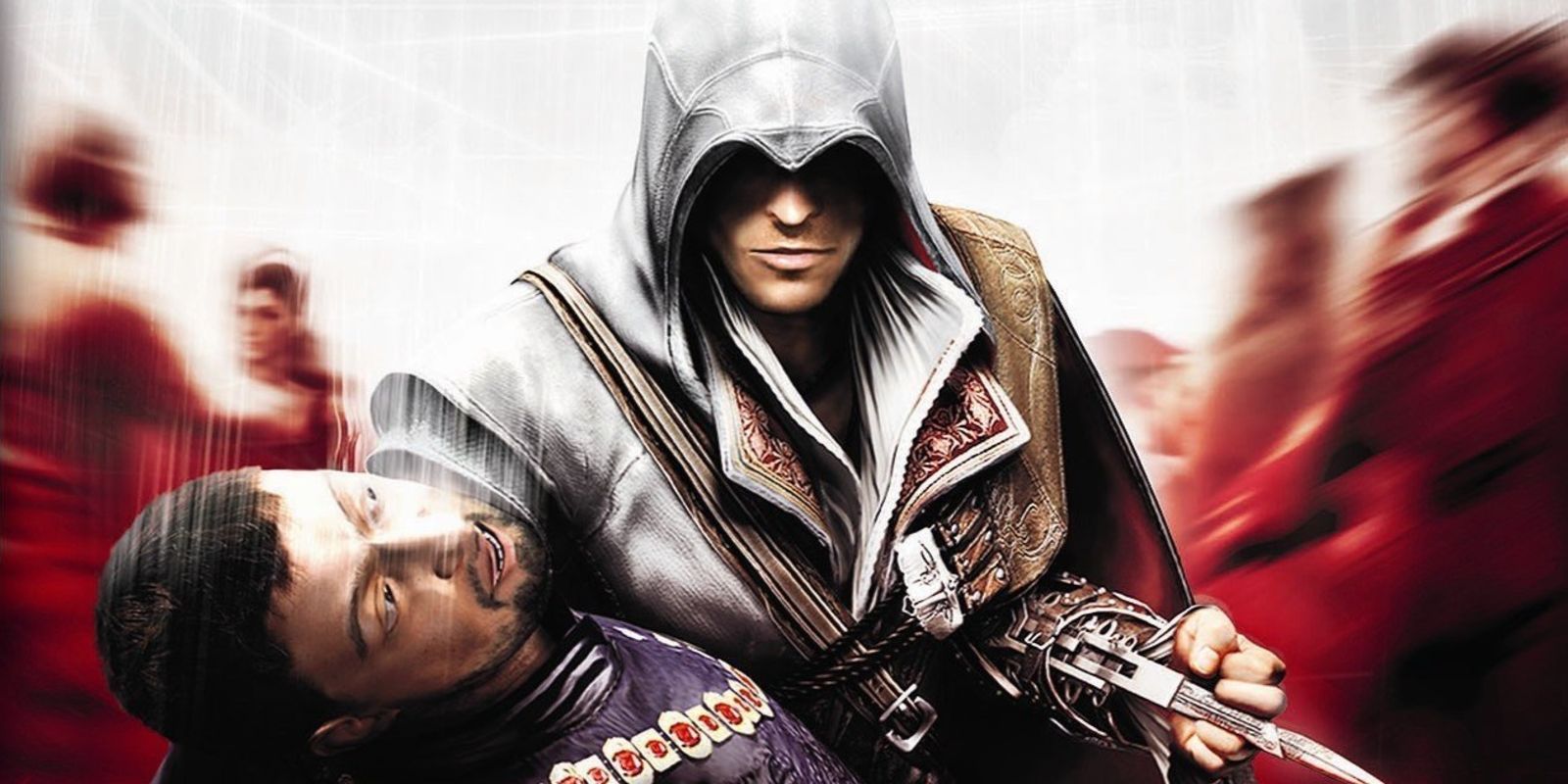 Assassin's Creed 2 Discovery protagonist Ezio holding a victim of assassination.