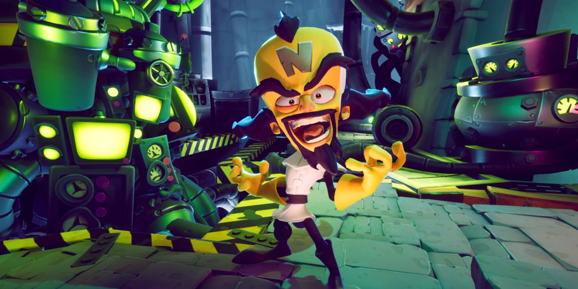 Crash Bandicoot 4's Neo Cortex is pulling a pose in a mad laboratory.