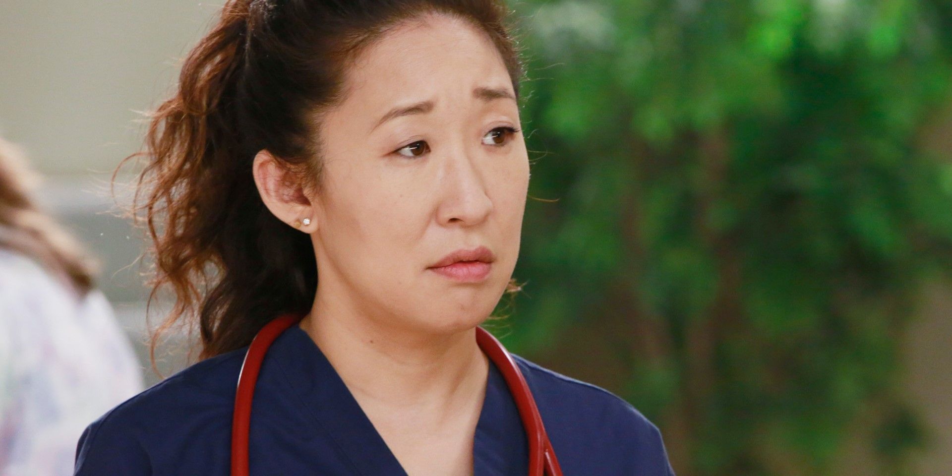 Cristina Yang looking concerned in Grey's Anatomy