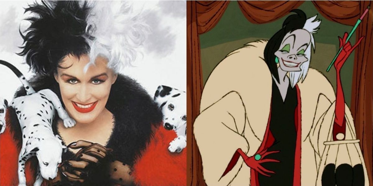 Cruella holding puppies and Curella smoking and smiling