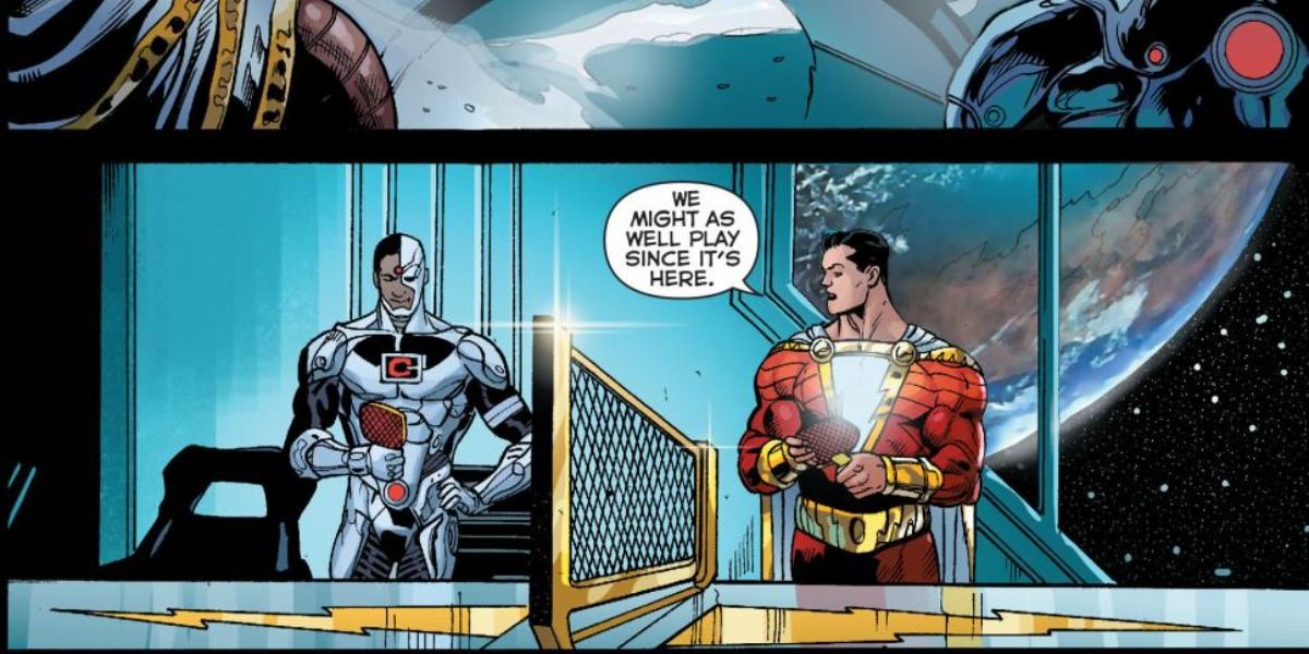 Cyborg and Shazam prepare to play ping-pong.